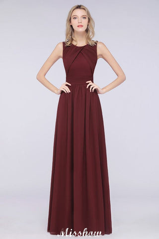Round-Neck Floor-Length Ruffles Chiffon Bridesmaid Dress Aline Sleeveless Maid of Honor Dress