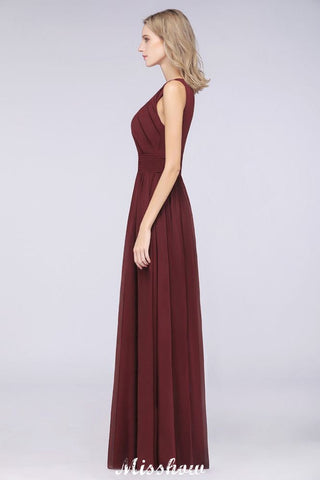 Round-Neck Floor-Length Ruffles Chiffon Bridesmaid Dress Aline Sleeveless Maid of Honor Dress