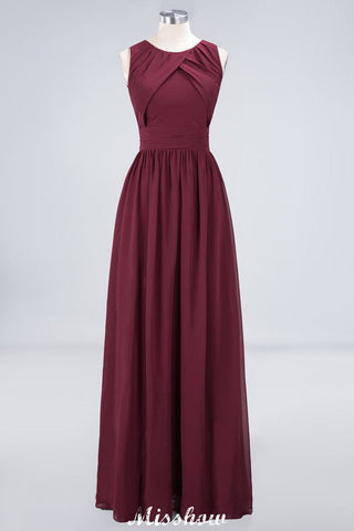 Round-Neck Floor-Length Ruffles Chiffon Bridesmaid Dress Aline Sleeveless Maid of Honor Dress