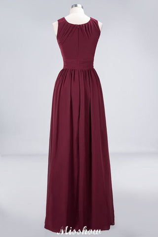 Round-Neck Floor-Length Ruffles Chiffon Bridesmaid Dress Aline Sleeveless Maid of Honor Dress