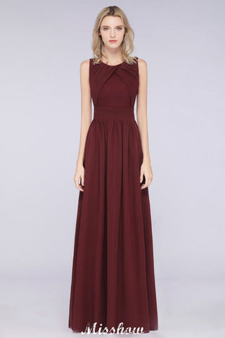 Round-Neck Floor-Length Ruffles Chiffon Bridesmaid Dress Aline Sleeveless Maid of Honor Dress