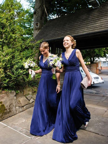 Baoleely Sheath Long Royal Blue Bridesmaid Dresses V Neck Pleated Sleeveless