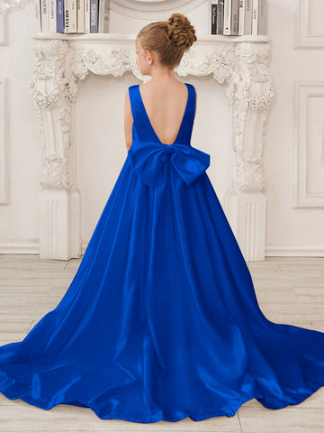 A-Line Princess Sleeveless Satin Flower Girl Dress with Sweep Train and Bow