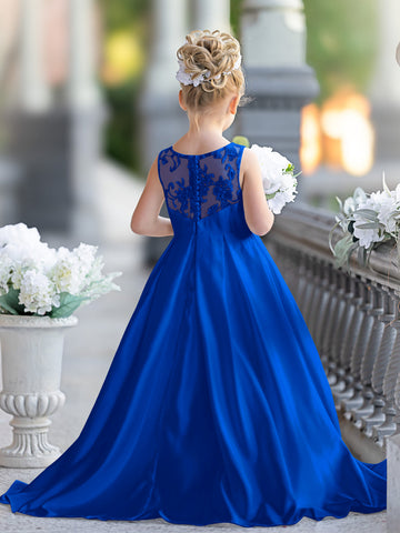 A-line Lace Satin Floor-length First Communion Flower Girl Dress