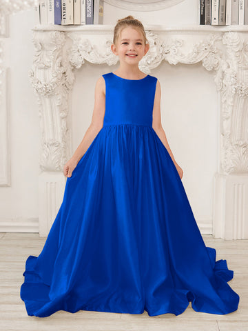 A-Line Princess Sleeveless Satin Flower Girl Dress with Sweep Train and Bow