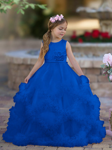 A-line Satin Tulle Floor-length Cascading Ruffles Flower Girl Dress