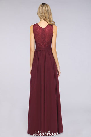 Ruffle A-Line Floor-Length Bridesmaid Dress Chiffon Lace V-Neck Evening Dress