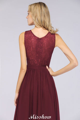 Ruffle A-Line Floor-Length Bridesmaid Dress Chiffon Lace V-Neck Evening Dress