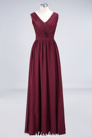 Ruffle A-Line Floor-Length Bridesmaid Dress Chiffon Lace V-Neck Evening Dress