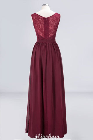 Ruffle A-Line Floor-Length Bridesmaid Dress Chiffon Lace V-Neck Evening Dress