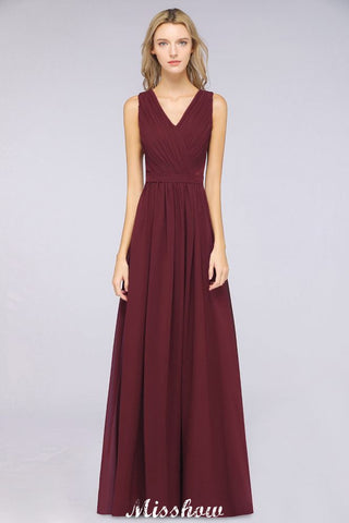 Ruffle A-Line Floor-Length Bridesmaid Dress Chiffon Lace V-Neck Evening Dress