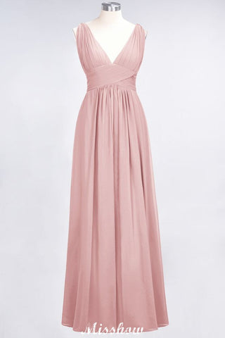 Ruffle Chiffon Sleeveless Evening Maxi Gown V-Neck Bridesmaid Dress