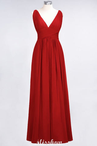 Ruffle Chiffon Sleeveless Evening Maxi Gown V-Neck Bridesmaid Dress