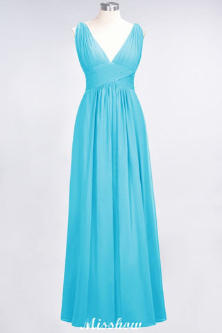Ruffle Chiffon Sleeveless Evening Maxi Gown V-Neck Bridesmaid Dress