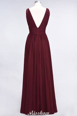 Ruffle Chiffon Sleeveless Evening Maxi Gown V-Neck Bridesmaid Dress