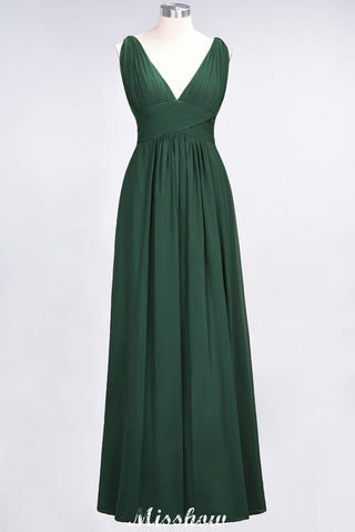 Ruffle Chiffon Sleeveless Evening Maxi Gown V-Neck Bridesmaid Dress
