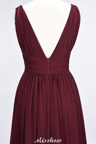 Ruffle Chiffon Sleeveless Evening Maxi Gown V-Neck Bridesmaid Dress