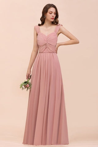 Ruffle Straps A-line Maxi Dusty Pink Bridesmaid Dress for Girls