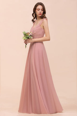 Ruffle Straps A-line Maxi Dusty Pink Bridesmaid Dress for Girls