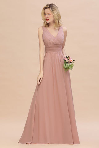 Ruffles V-Neck A-line Dusty Pink Bridesmaid Dresses | Sleeveless Floor-Length Evening Dresses