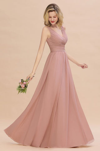 Ruffles V-Neck A-line Dusty Pink Bridesmaid Dresses | Sleeveless Floor-Length Evening Dresses