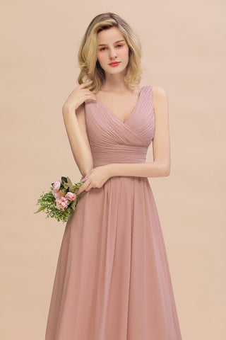 Ruffles V-Neck A-line Dusty Pink Bridesmaid Dresses | Sleeveless Floor-Length Evening Dresses