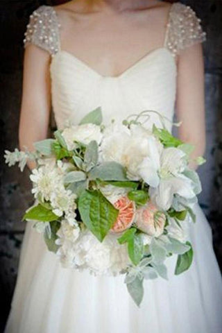 Scoop Cap Sleeves Sweep Train Beading Pleated Wedding Dress with Beading WD106