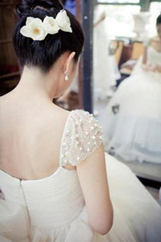 Scoop Cap Sleeves Sweep Train Beading Pleated Wedding Dress with Beading WD106