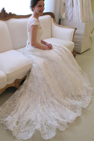 Vestido de novia de encaje corte A, manga corta y escote redondo WD043