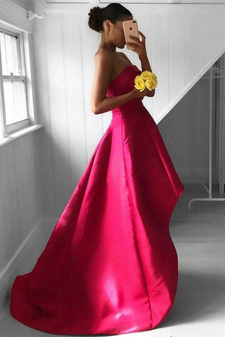 New Arrival Red High Low Off Shoulder of Fuchsia Pleated Strapless Prom Dress