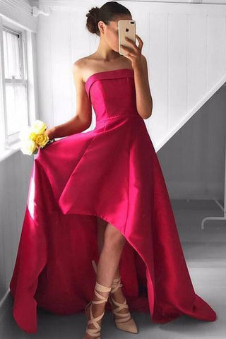 New Arrival Red High Low Off Shoulder of Fuchsia Pleated Strapless Prom Dress