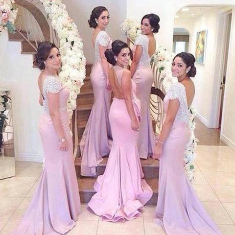 Inexpensive Cap Sleeve Open Back Mermaid Long Bridesmaid Dresses With Beading