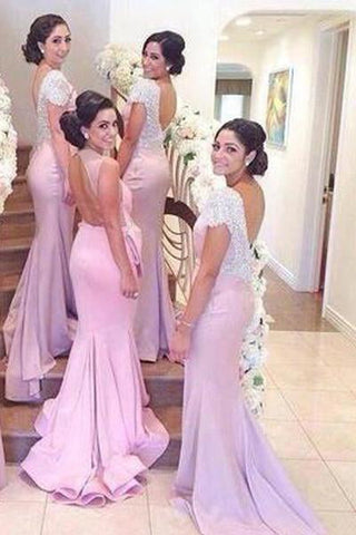Inexpensive Cap Sleeve Open Back Mermaid Long Bridesmaid Dresses With Beading