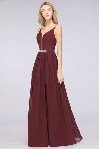 Sexy Double Deep V-Neck Ruffles Sleeveless Bridesmaid Dress Chiffon Side Split Evening Party Dress