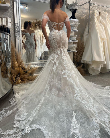 Sexy Floor Length Sweetheart Off-The-Shoulder Sleeveless Mermaid Lace Wedding Dress