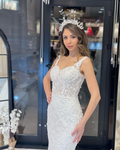 Sexy Floor Length Sweetheart Traps Sleeveless Mermaid Lace Weddding Dress with Court Train