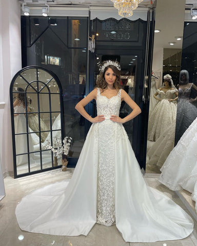 Sexy Floor Length Sweetheart Traps Sleeveless Mermaid Lace Weddding Dress with Court Train