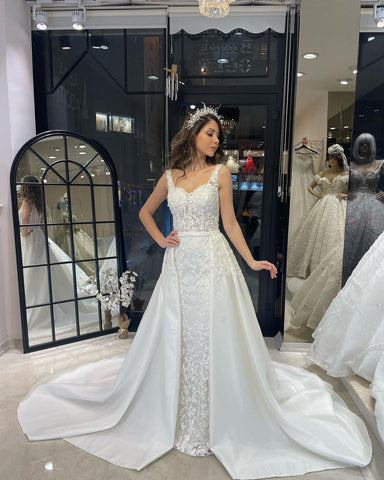 Sexy Floor Length Sweetheart Traps Sleeveless Mermaid Lace Weddding Dress with Court Train