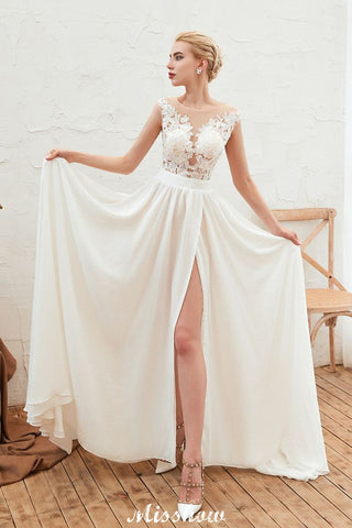 Sexy High Split Cap Sleeve Wedding Dress Sheer Back Ivory Lace Bridal Gown