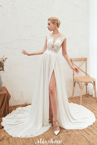 Sexy High Split Cap Sleeve Wedding Dress Sheer Back Ivory Lace Bridal Gown