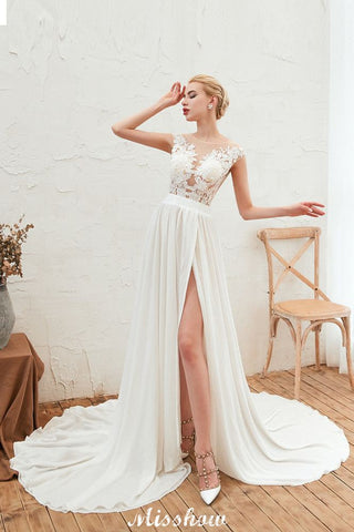 Sexy High Split Cap Sleeve Wedding Dress Sheer Back Ivory Lace Bridal Gown