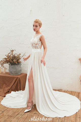 Sexy High Split Cap Sleeve Wedding Dress Sheer Back Ivory Lace Bridal Gown