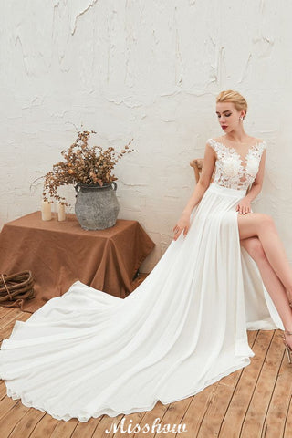 Sexy High Split Cap Sleeve Wedding Dress Sheer Back Ivory Lace Bridal Gown