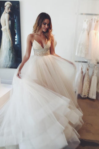Sexy Ivory Long A-line V-neck Spaghetti Straps Tulle Wedding Dress