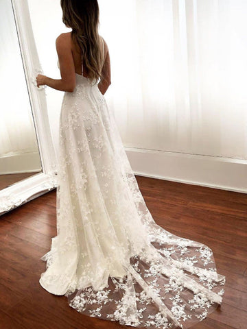 Sexy Long A-Line Spaghetti Strap Lace Backless Wedding Dresseswith Slit