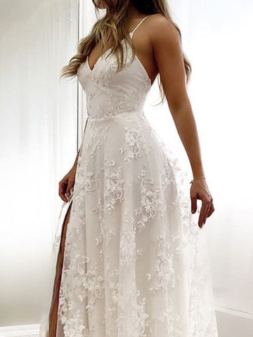 Sexy Long A-Line Spaghetti Strap Lace Backless Wedding Dresseswith Slit