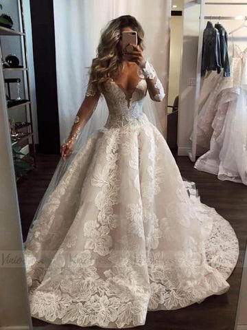 Sexy Long A-Line V-neck Appliques Lace Pearl Wedding Dress with Sleeves