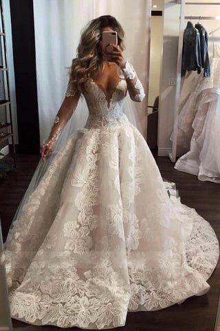 Sexy Long A-Line V-neck Appliques Lace Pearl Wedding Dress with Sleeves