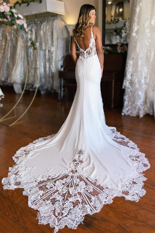 Sexy Long Mermaid Spaghetti Straps Lace Backless Wedding Dress With Train