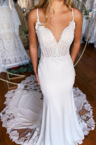 Sexy Long Mermaid Spaghetti Straps Lace Backless Wedding Dress With Train
